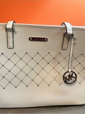 Michael Kors Cream Perforated Tote with Silver Hardware